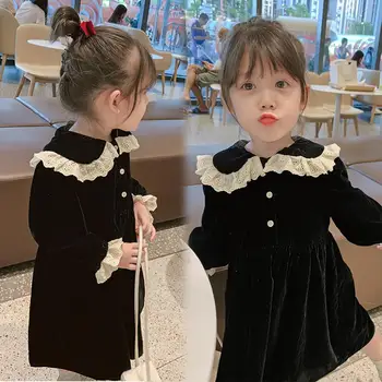 

Toddler Baby Little Girls Ruffled Velour Dresses Winter Long Sleeve Elegant Ceremony Dress Girl‘s Outfits for 1 2 3 4 5 6 Years