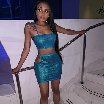 

2PCS Women Glitter Outfits Sunsuit Fashion Sexy Tie Crop Top+Bodycon Skirts Clothes Set Hollow Charming Femme Club Streetwear