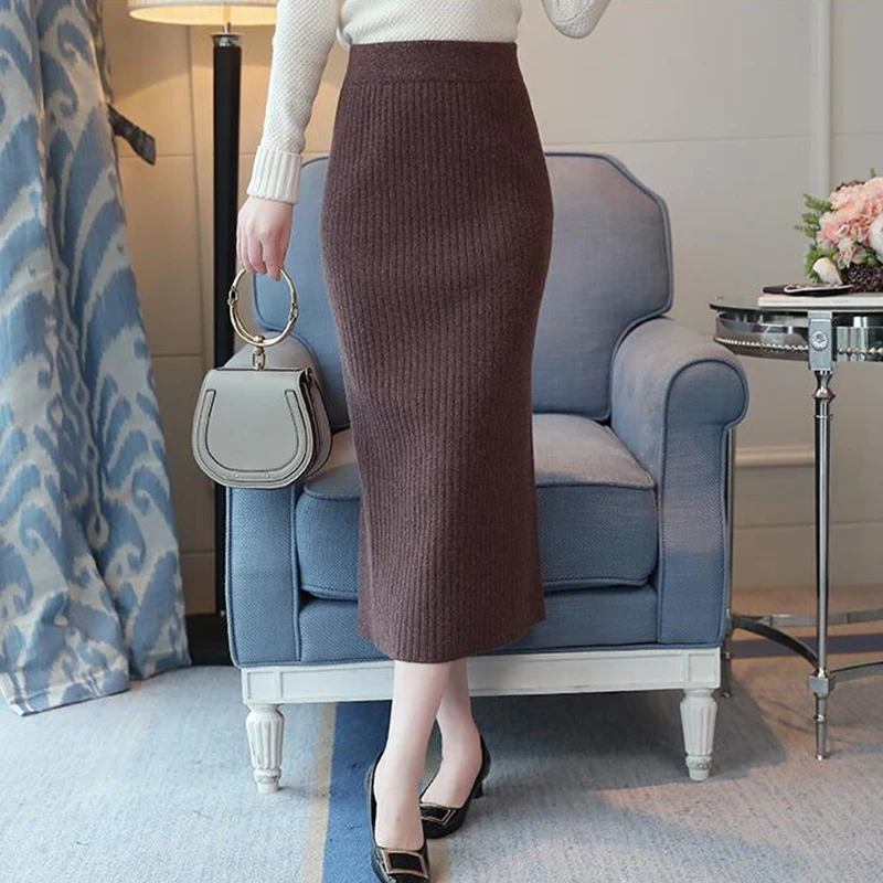 Новая осенне-зимняя трикотажная юбка средней длины с разрезом, Женская одношаговая юбка с высокой талией, одноцветная юбка до бедра yy2