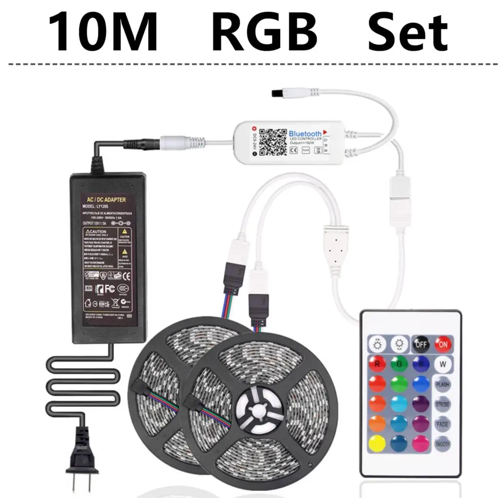 10 м RGB светодиодный светильник 5050 SMD RGBWW диодный светодиодный ленточный Водонепроницаемый Bluetooth 24Key 44key управление DC 12V адаптер питания набор - Испускаемый цвет: 10M RGB Set