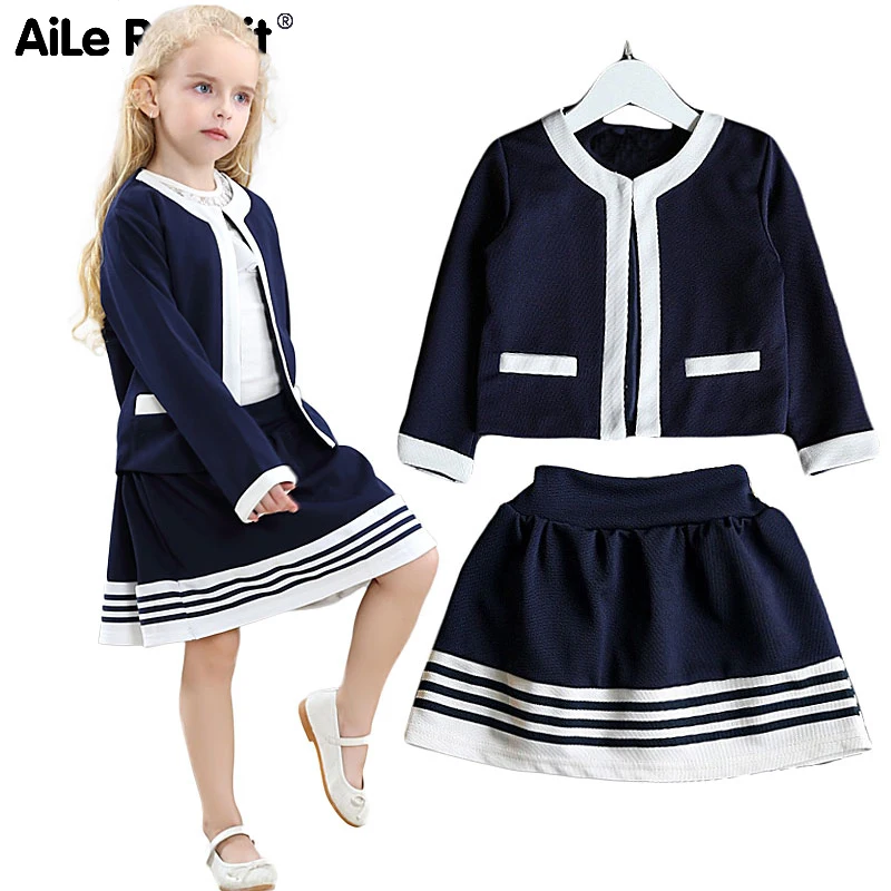 AiLe Rabbit/Новинка, темно-синий костюм для девочек, куртка, юбка комплект из 2 предметов, повседневный модный брендовый костюм в полоску, изысканная детская одежда, k1