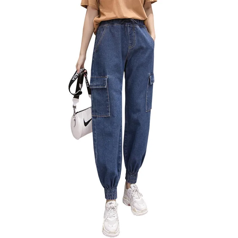 

NORMOV Fashion Women Spring And Autumn Pocket Pencil Pants Jeans High Waist Solid Color Elastic Waist Loose Cotton Jeans