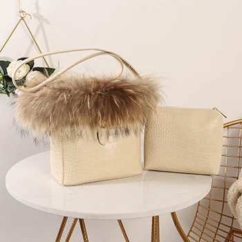 

Brand Luxury Rabbit Fur Women Handbag Female Designer Bucket Shoulder Bags Quality Stone Print PU Leather Lock Women's Totes