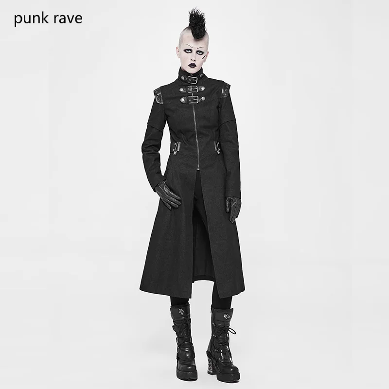 

PUNK RAVE Steampunk Rock Black long women jacket coat Gothic Fashion Handsome Motorcycle Military Women Long Coat