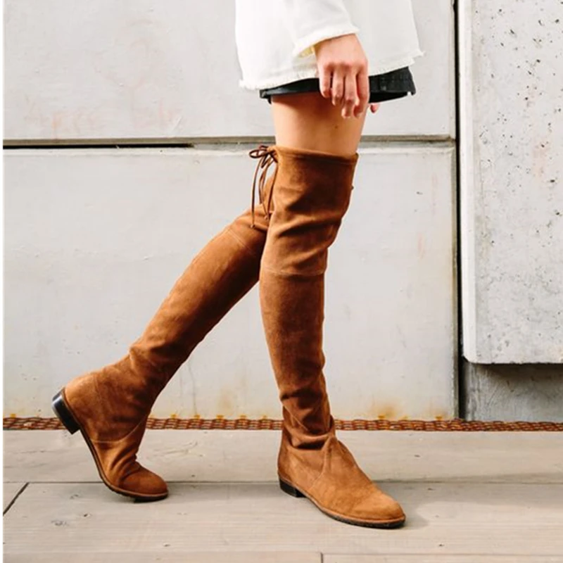 

Women Shoe Drawstring Stretch Suede Leather Fashion Over The Knee Boots Thigh High Chunky Block Heel Boots tenis masculino adult