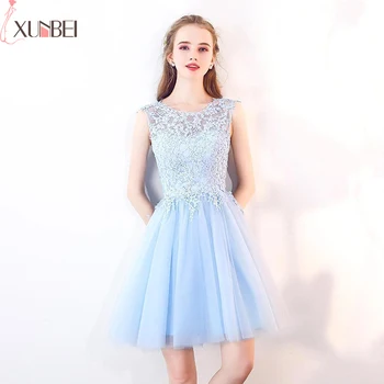 

Bridesmaid Dress Sky Blue Illusion Lace Appliques Tulle Mini Short Dress For Women Wedding Guest Dress For Wedding Party