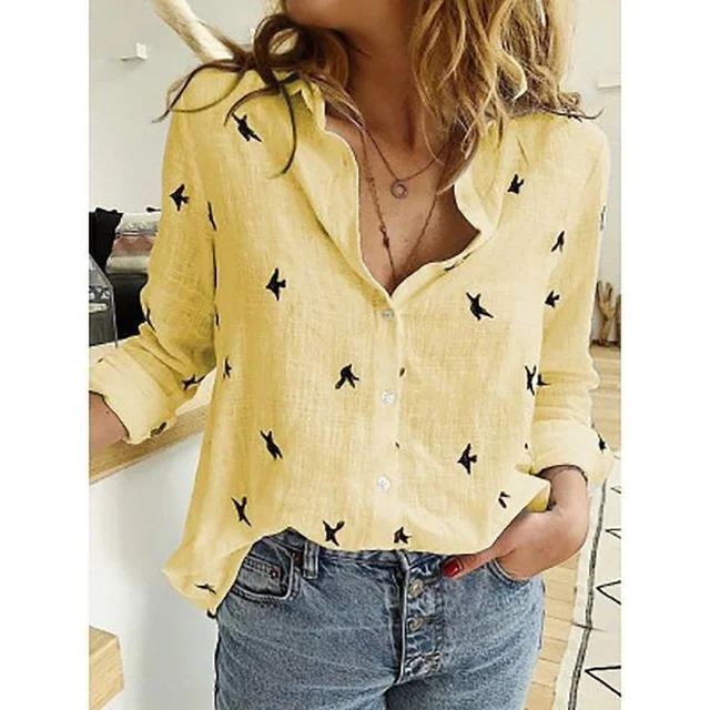 Leisure White Yellow Shirts Button Lapel Cardigan Top Lady Loose Long Sleeve Oversized Shirt Womens Blouses Autumn Blusas Mujer bird YL
