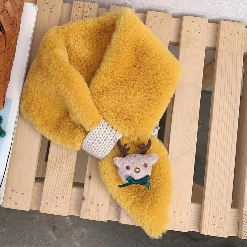 Yellow-Elk Детский шарф из искусственного кроличьего меха OMEA, Рождественский шарф унисекс, детский теплый плюшевый шарф с Санта Клаусом, рождественский подарок для девочек - Цвет: Yellow-Elk