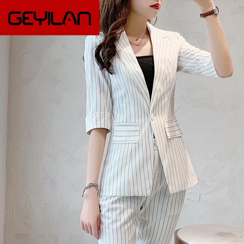 

Women's suit 2019 autumn new fashion casual temperament slim thin stripe single buckle small suit trousers two-piece