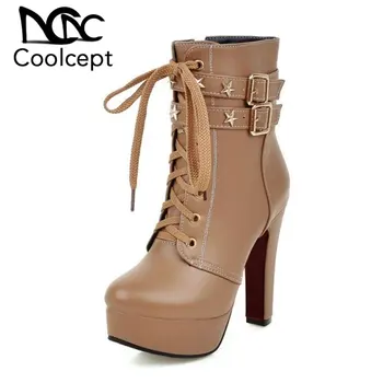 

CoolCept Women Ankle Boots Platform High Heels Shoes Autumn Winter Daily Zipper Buckle Rivets Women Footwear Plus Size 32-47