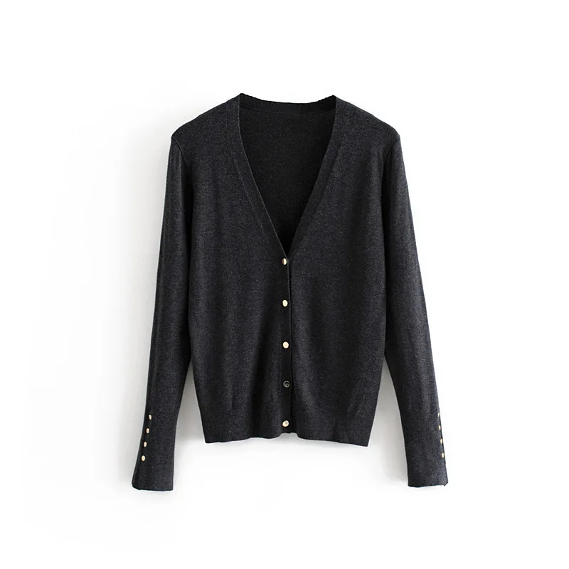 

Women Brief Design V Neck Single Breasted Buttons Deco Solid Color Cardigan Sweater