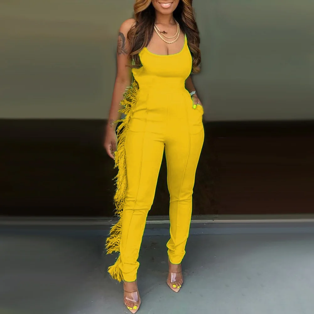 Women Candy Color Loose Off Shoulder Sleeveless Ruffle Tassels Short Jumper Rompers