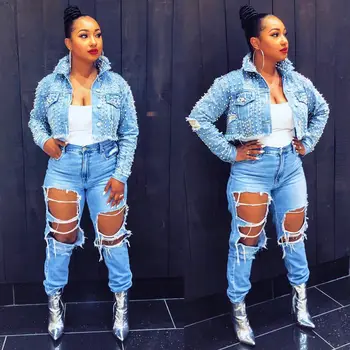 

Women Short Bomber Jacket Autumn Streetwear Hiphop Blue Long Sleeve Denim Jacket Pocket Rivet Short Outwear Coat