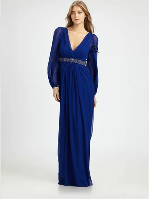 vestidos de fiesta, длинный рукав, синий пояс, v-образный вырез, robe de soiree, новые модные вечерние платья, вечернее платье