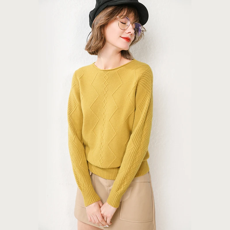 GCAROL New Women O Neck Curled Rhombic Sweater Fall Winter 30% Wool Cashmere Thick Jumper Stretch Warm OL Knitted Pullover S-3XL
