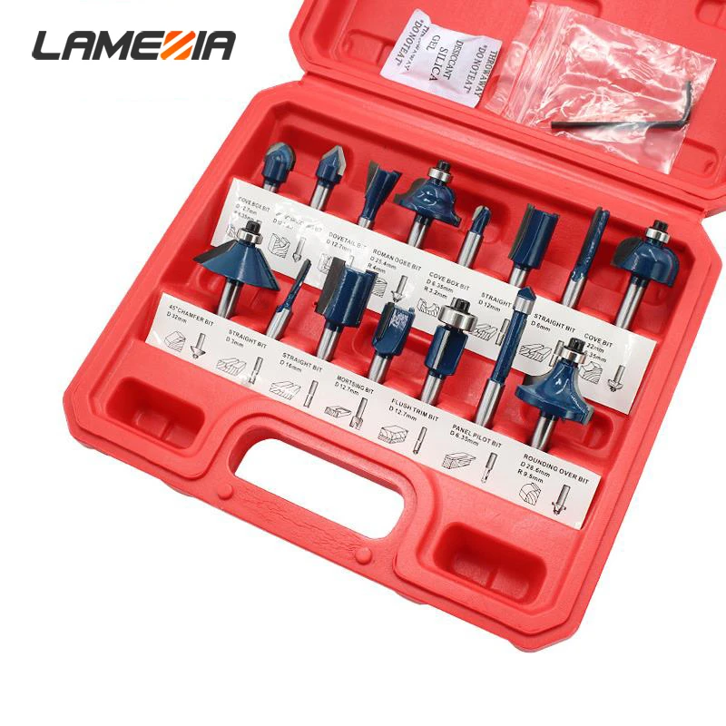 

LAMEZIA 12/15 pcs/set 1/4 Handle Carbide Milling Cutter Plastic Box Set Trimming Machine Drill Bit Combination Woodworking Tool