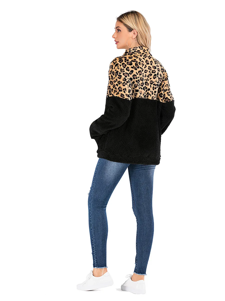 Women Fleece Sweatshirt Winter Casual Leopard Faux Fur Patchwork Fluffly Female Hoodies Warm Turtleneck Zipper Tops
