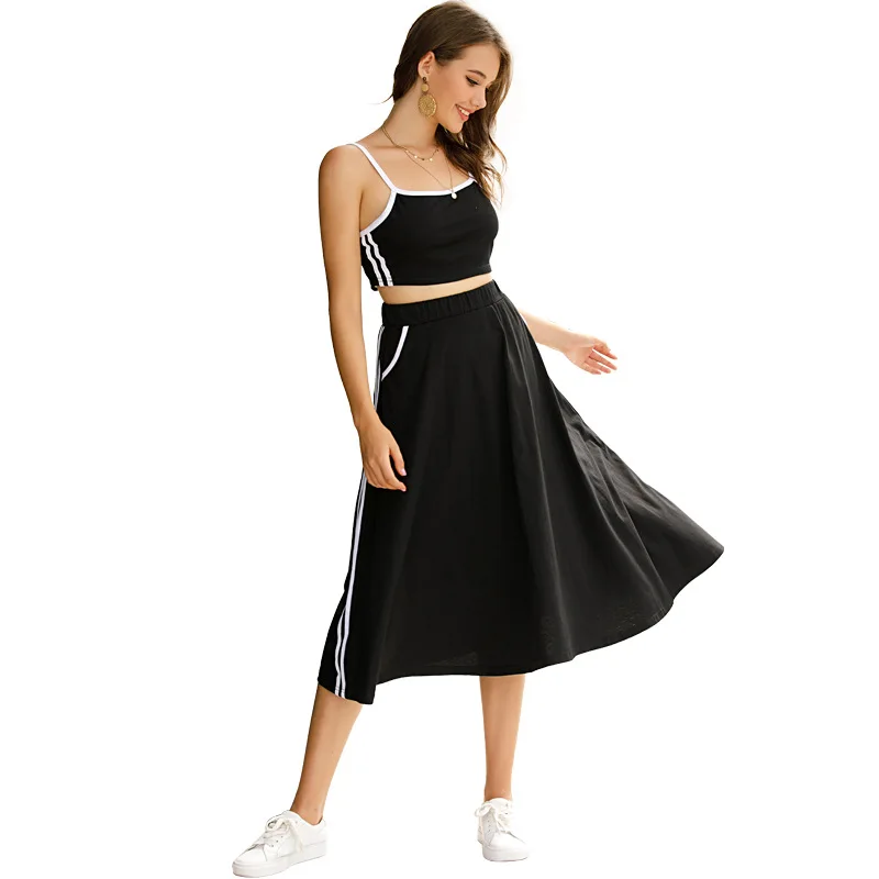 

2020 Summer Women's Two-piece Black and White Striped Solid Color Short Suspender Top Skirt Over The Knee