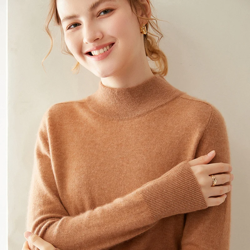 

Ladies Pullovers 100% Pure Cashmere Sweaters Women Mock Neck Full Sleeve Knitwears Solid Color Best Quality Warm Tops