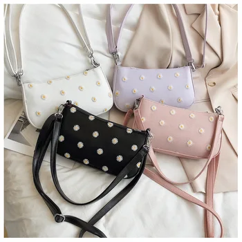 

Vintage Daisy Embroidery Women Small Shoulder Bag Female Clutch Handbag Leather Totes Ladies Casual Purse Armpit Bags For Girls