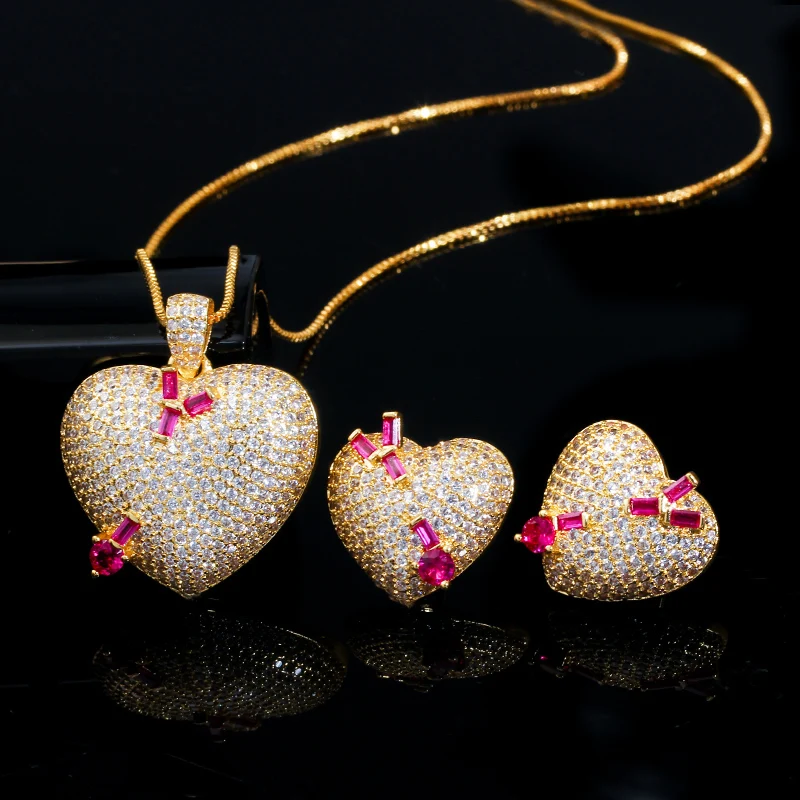 CWWZircons Micro Pave кубический цирконий камень 585 Золотое любовное сердце кулон ожерелье серьги Модные женские ювелирные наборы подарок T380