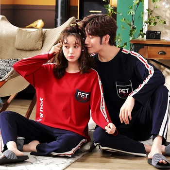 

6535 Cotton Casual Pullover Long Sleeve Trousers Boy Girl Pajama Jammies Win/ Autumn Couples Lovers O-Neck Nightwear Pyjamas hde
