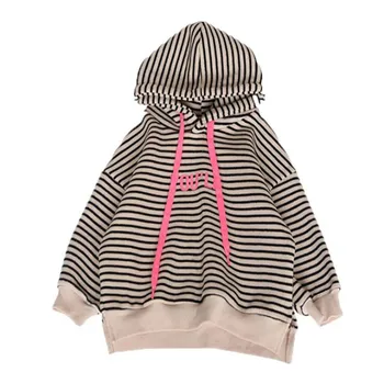 

Children Girls Autumn Clothing Stripe Hoodies Plush Hooded Sweater Kids Fashion Sweatshirts Loose Wild Tracksuit Clothes 2-6T