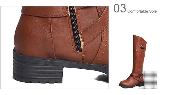 Autumn Shoes Women Knee High Boots Female Buckle Strap Platform Black PU Low Heels Motorcycle Boots Zip Ladies Classic Footwear