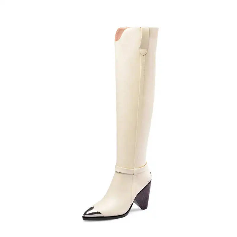 Odetina/модные женские сапоги до колена из натуральной кожи на необычном высоком каблуке зимние сапоги с острым носком на молнии Большие размеры 43
