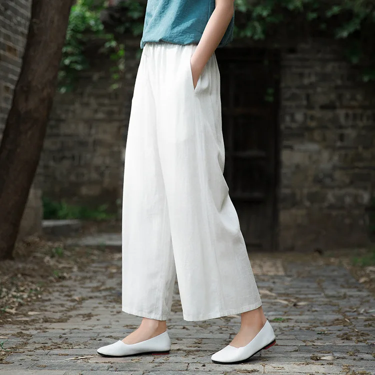 Johnature 2020 Autumn Women New Retro Elastic Waist Cotton Linen Lace Up Wide Leg Pants Loose Casual All-match Ankle-length Pant