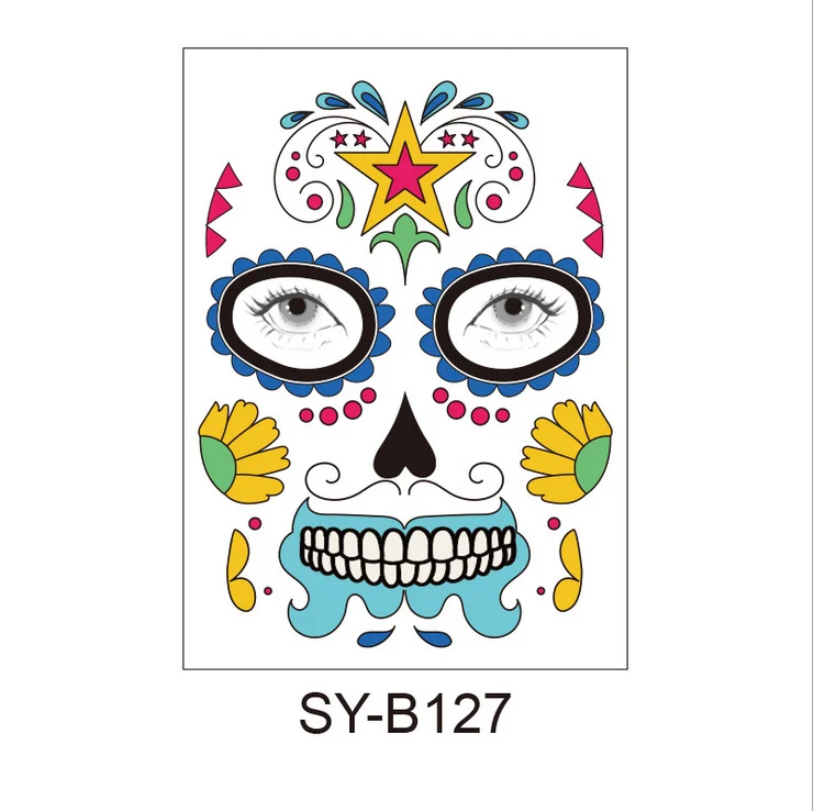 Mexica Day of the Dead Sugar Skull Face временная татуировка Хэллоуин Макияж наклейки для Хэллоуина Маскарад Вечерние - Цвет: SY-B127
