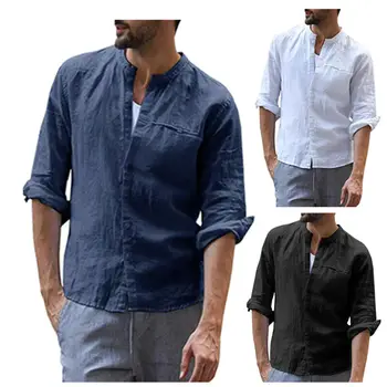 

Men Autumn Long Sleeve Stand Collar Cotton Linen Shirt Male New Style Casual Comfortable Breathable Soft Shirt Plus Size