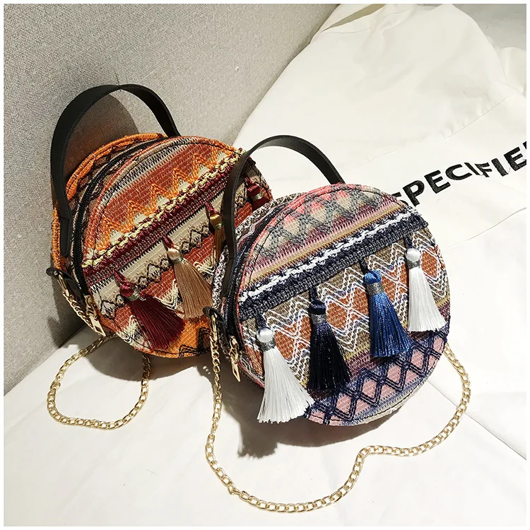 Women Straw Bags Rattan Woven Beach Shoulder Bags Ladies Crossbody Bag Handbag Female Bohemian Round Handmade