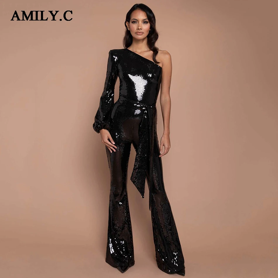 Amily.c Spring 2020 Women's New Sexy One Shoulder Long Sleeve Jumpsuit Fashion Black Sequin Celebrity Runway Party | Женская одежда