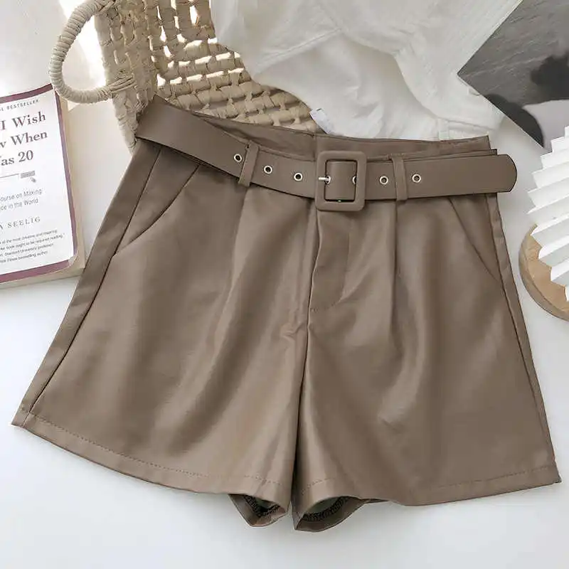 Autumn Winter Korean Wide-Leg Faux Leather Shorts Women With Belt Casual Female Bike Shorts PU Leather High Waist Shorts C7875 nike pro shorts