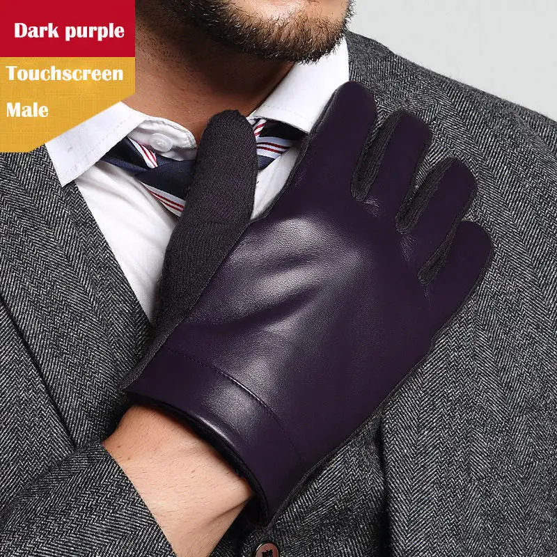 Парные перчатки из натуральной кожи мужские женские зимние шерстяные тачскрин из овчины плюс бархатные теплые мужские для вождения женские перчатки TE3108 - Цвет: man dark purple
