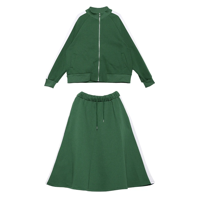[EAM] зеленая полубори юбка из двух частей костюм стоячий воротник длинный рукав черный свободный крой Женская мода весна осень 1M636 - Цвет: green