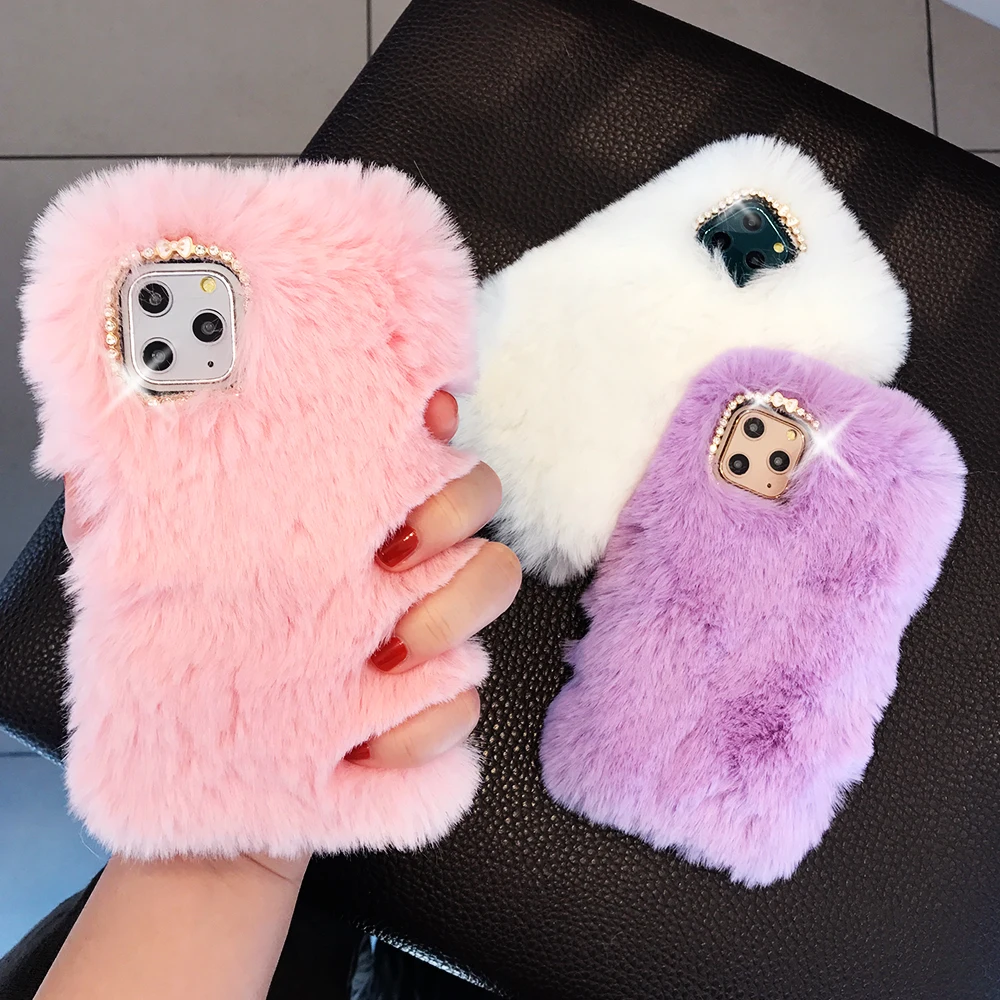 

Warm Rabbit Fur Fluffy Soft Wool Soft Phone Case For iPhone 11Pro Max 6 6S 7 8Plus Bling Diamond Cover For iPhone 11 X XR XS Max