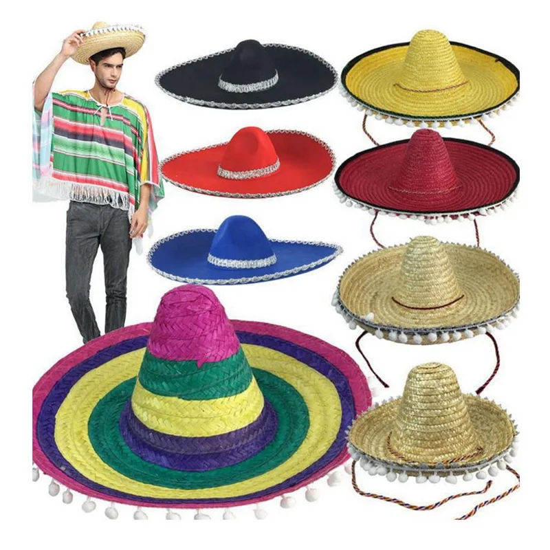 

Natural Men Straw Mexican Sombrero Hat Women Colorful Birthday Party Decoration Tabletop Party Hats