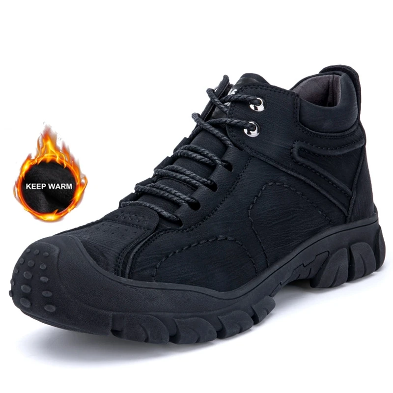 Мужская зимняя теплая Вельветовая защитная обувь со стальным носком; Ультра-светильник; кроссовки с мягкой подошвой; непромокаемые строительные рабочие ботинки - Цвет: Leather black