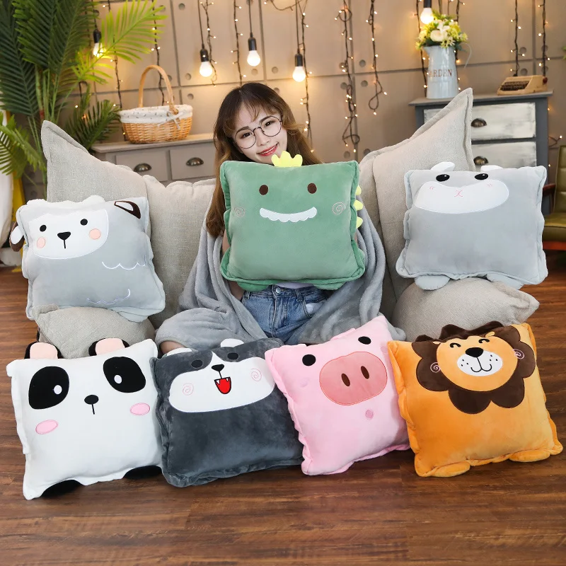 

Animals Square Plush Pillow Cartoon Dinosaur Panda Lion Sheep Husky Pig Hamster Flannel Blanket Traveling Kids 35*35cm