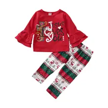 Рождественская Одежда для маленьких девочек топы, футболки+ длинные штаны Детский Рождественский костюм, одежда