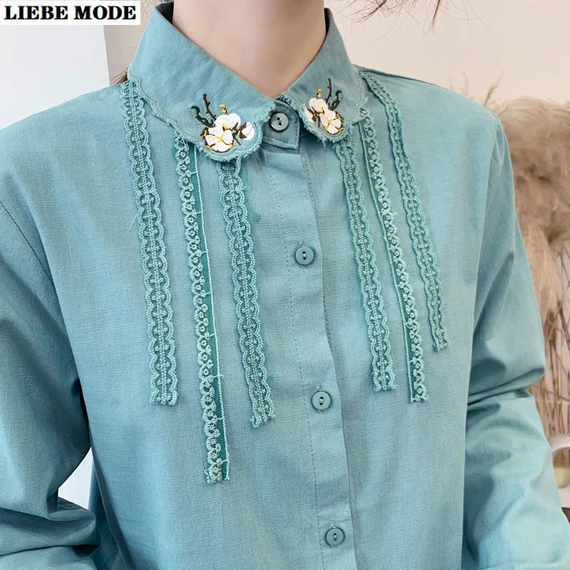 

Embroidery Turn Down Collar Shirt Women Formal Tops Long Sleeve Casual Woman Button Blouse Office Lady Autumn Shirts Blouses