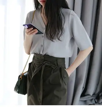 

2020 New Women Knitted Cardigan Top Lady Single-breasted V-neck Short Sleeve Knitwear Sweater Shirt Clothes