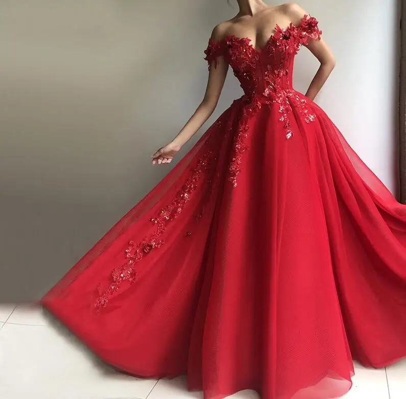 Red-Muslim-Evening-Dresses-2019-V-Neck-Sequin-Lace-Beaded-Tulle-Off-the-Shoulder-Ball-Gown