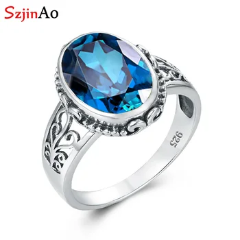 

SzjinAo Handmade Unique Solid 925 Sterling Silver Fine Jewelry August Birthstone Vintaga Oval Peridot Rings for Women Men Ring