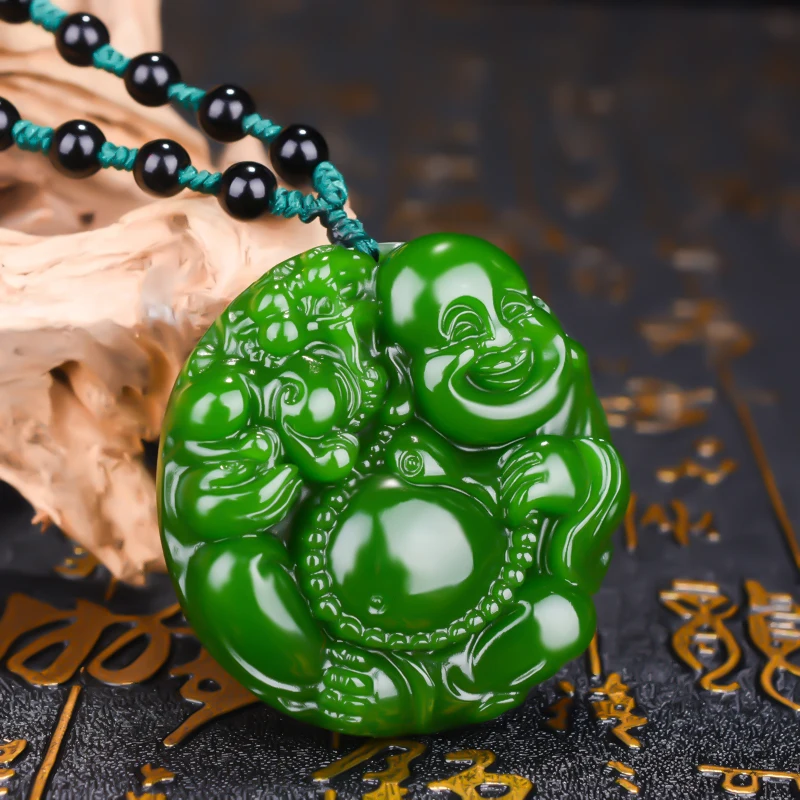 Chinese Natural Green Jade Maitreya Buddha Pendant Necklace Hand-carved Charm Jadeite Jewelry Fashion Amulet Gifts for Men Women | Украшения