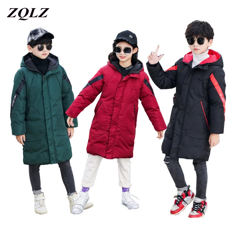 ZQLZ Big Boys Winter Jacket Kids New Casual Hooded Warm Cotton Long Parka Kids Loose Outerwear Fashion Black Coat Girls