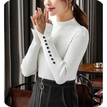 

Women Sweater Slim Bell Sleeved Half High Collar Slim Winter Bottom Sweater Autumn Button Sleeve Sweater
