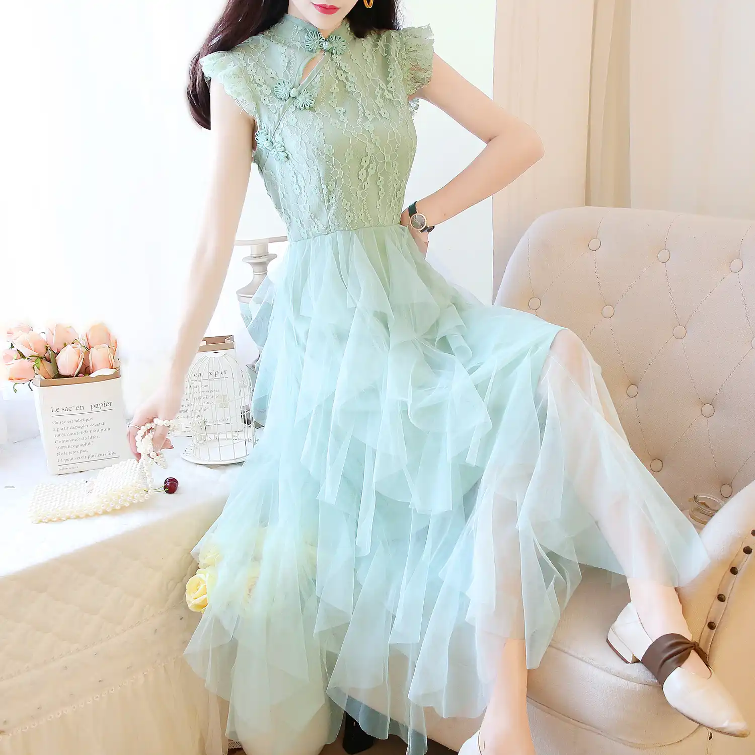 green and white gown